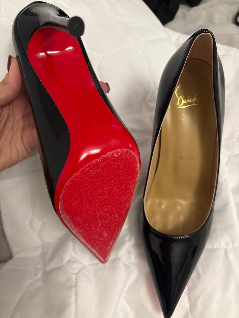 Women's Black Patent Pointed-Toe Pumps with Red Sole